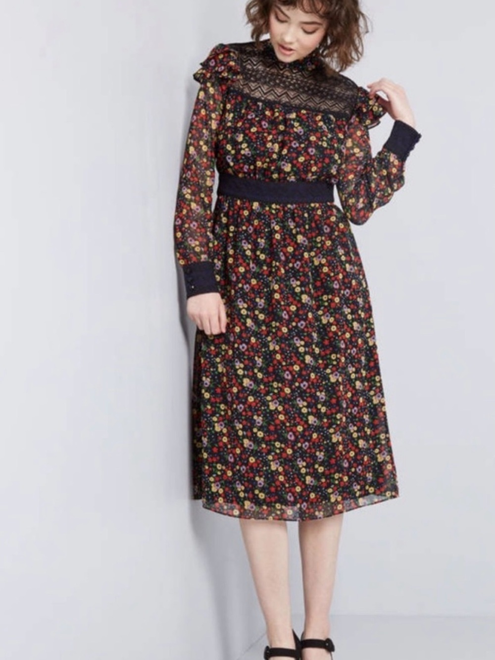 Floral Lace Yoke Long Sleeve Midi Dress - Black Floral